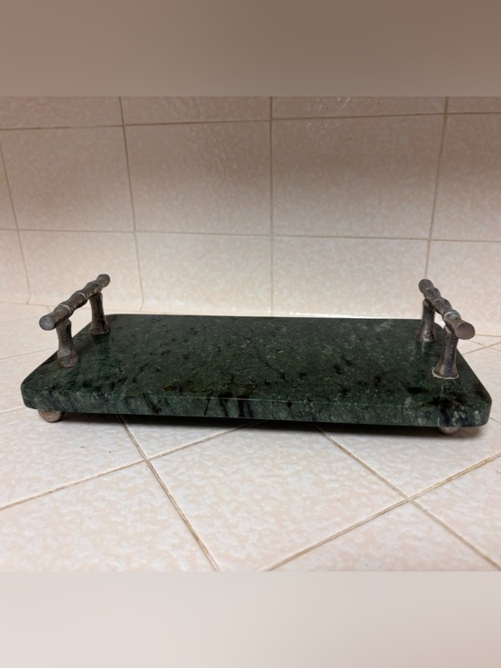 Green Marble Bath Tray with Metal Handles
